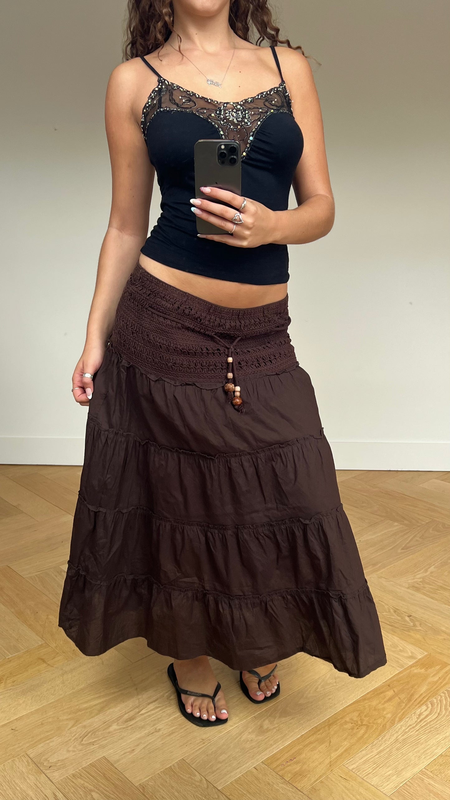 00s brown boho maxi skirt- size M