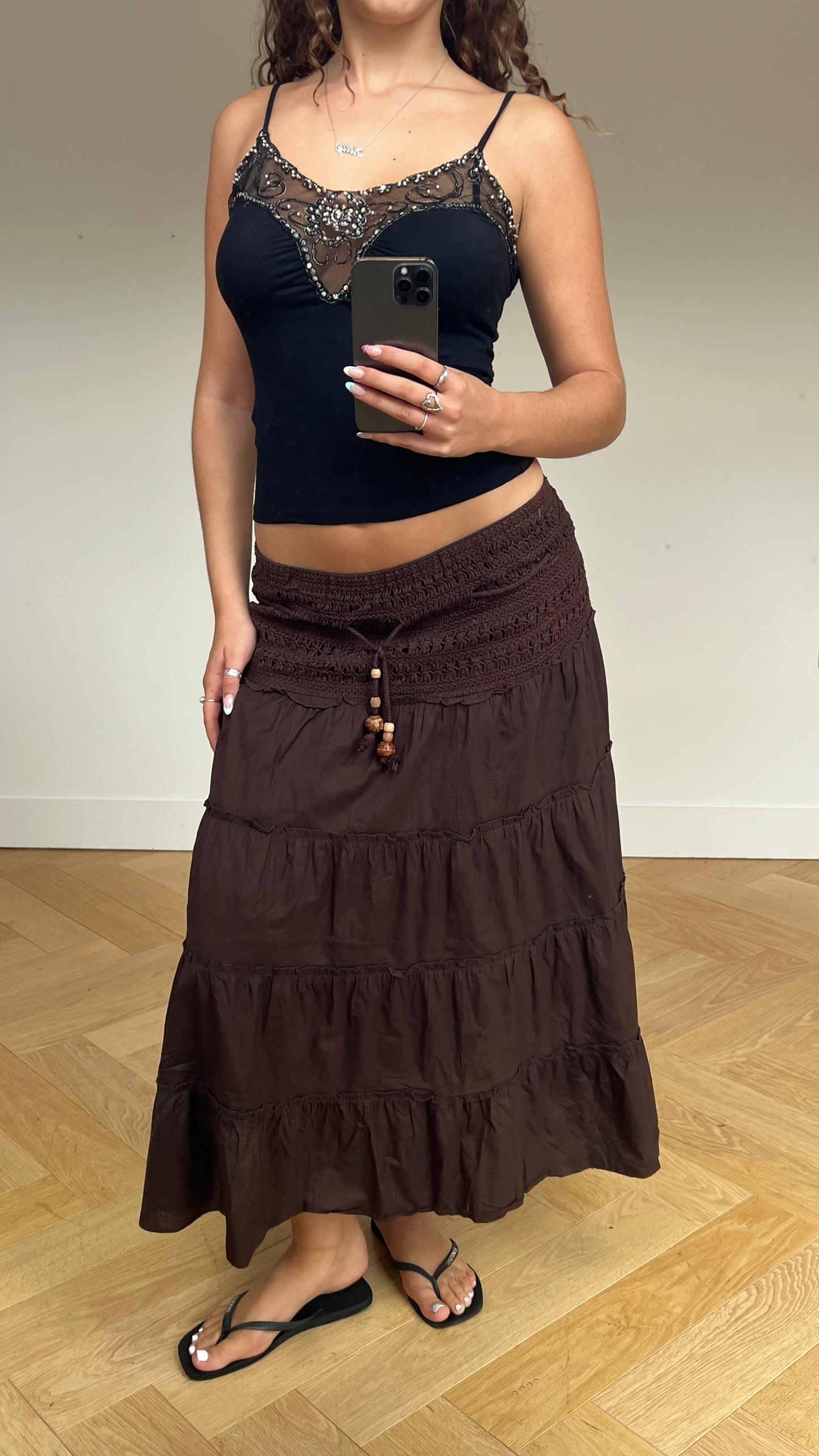 00s brown boho maxi skirt- size M