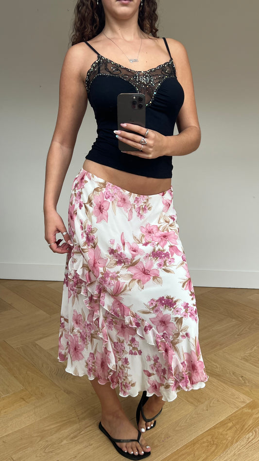 00s pink floral midi skirt- size M/L