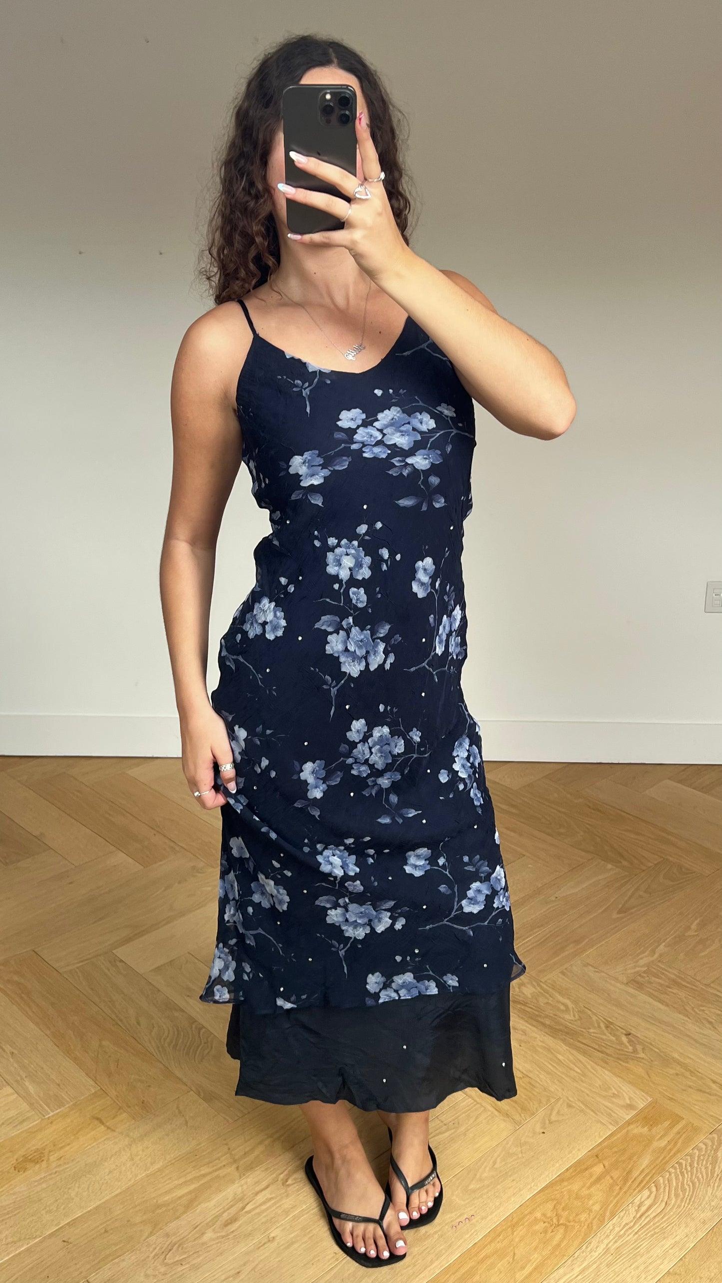 00s navy floral maxi dress- size M