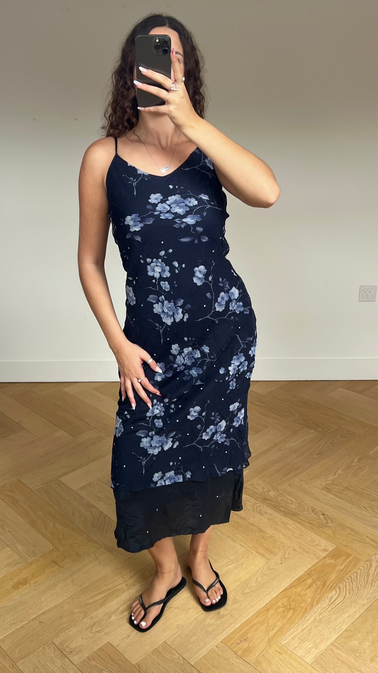 00s navy floral maxi dress- size M
