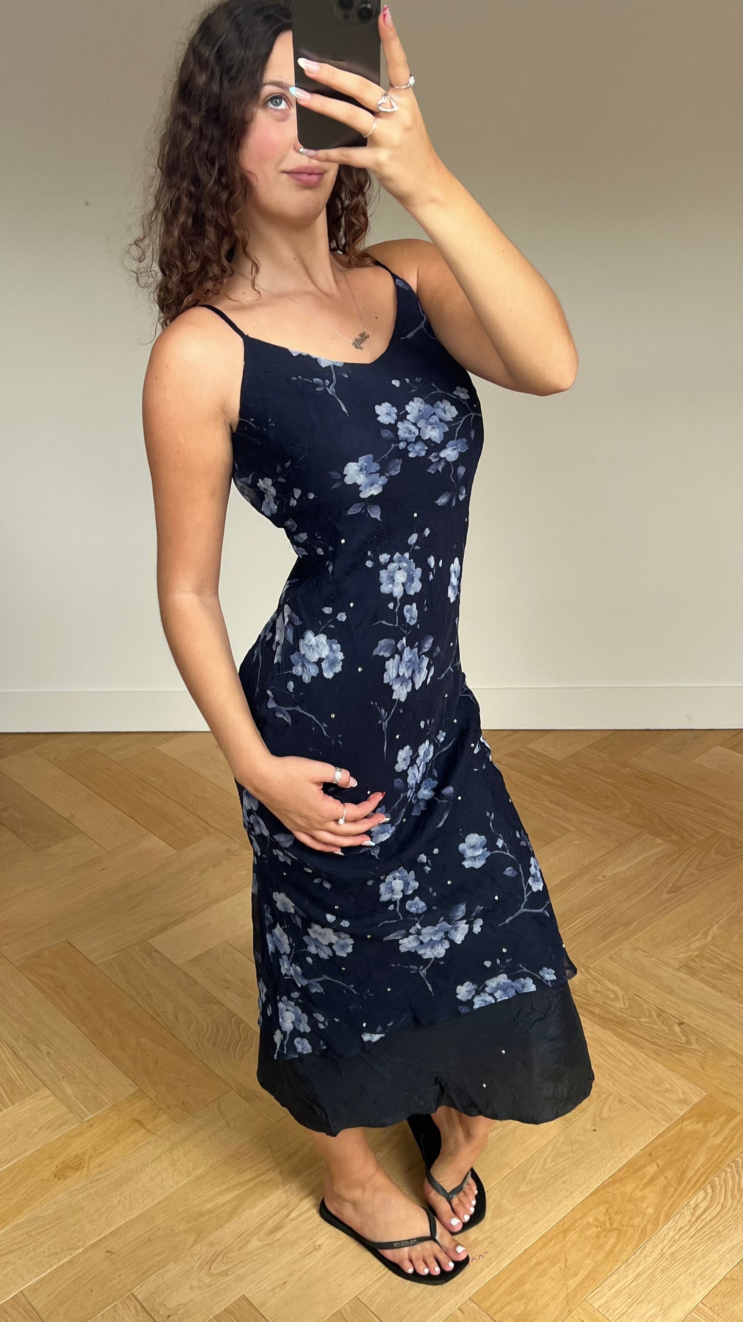 00s navy floral maxi dress- size M