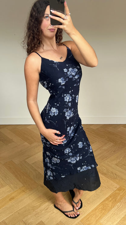 00s navy floral maxi dress- size M