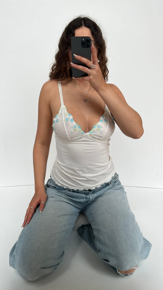 00s white blue lace cami- size S