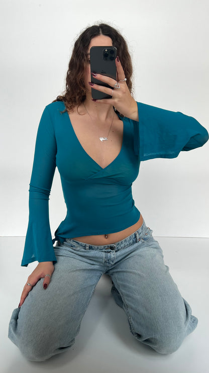 00s blue mesh long sleeve top- size S