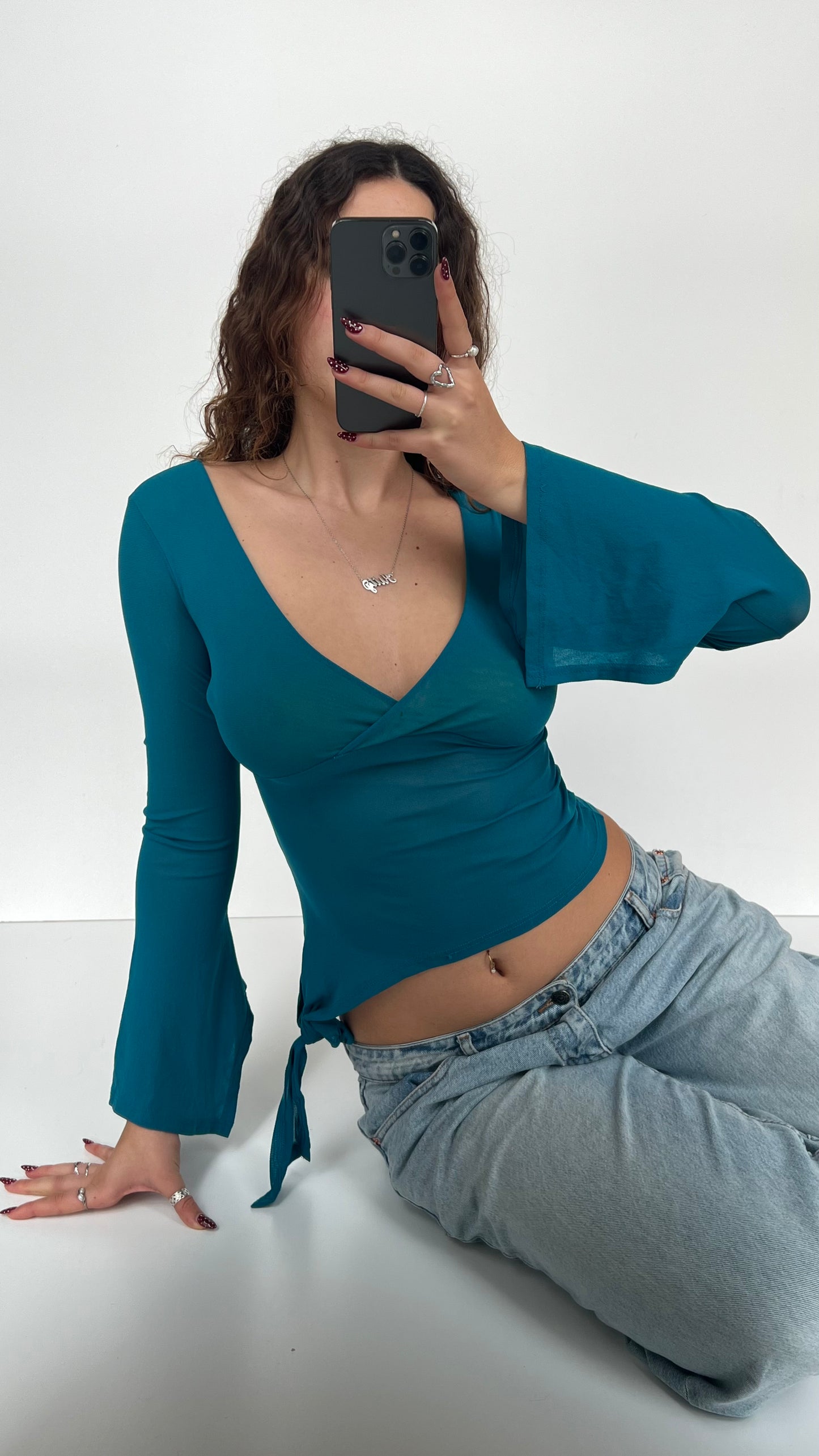 00s blue mesh long sleeve top- size S