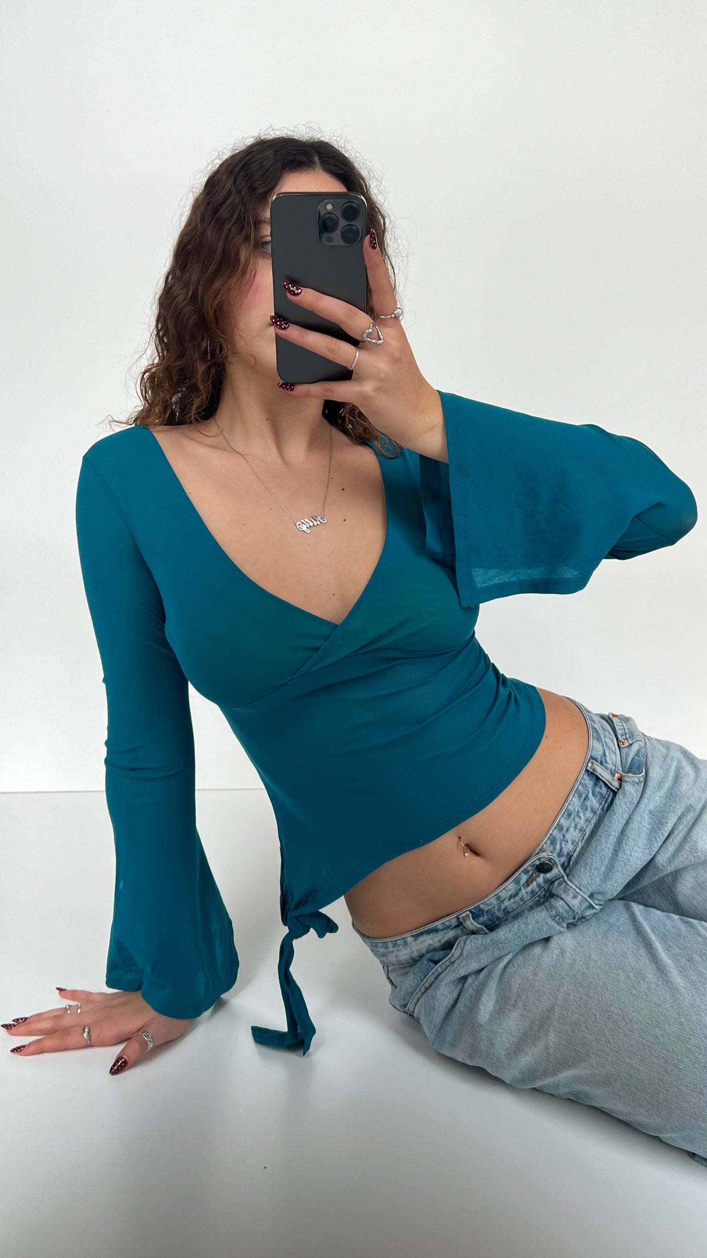00s blue mesh long sleeve top- size S