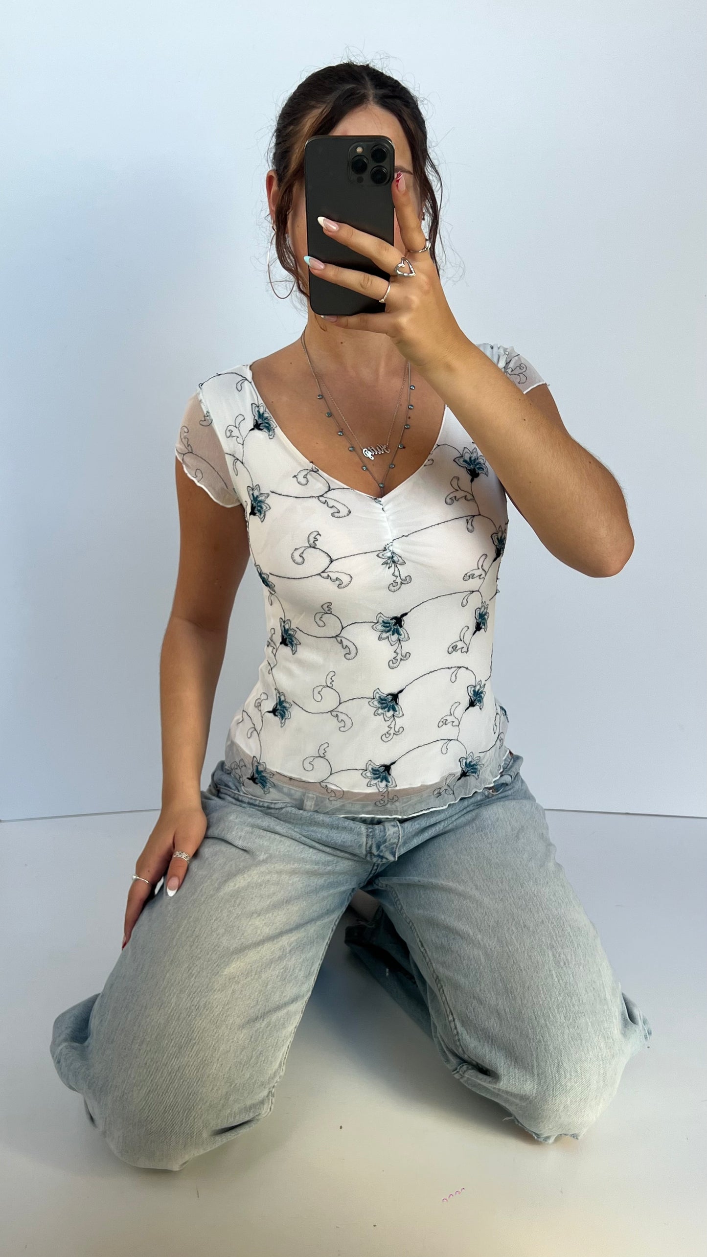 00s white floral top- size S