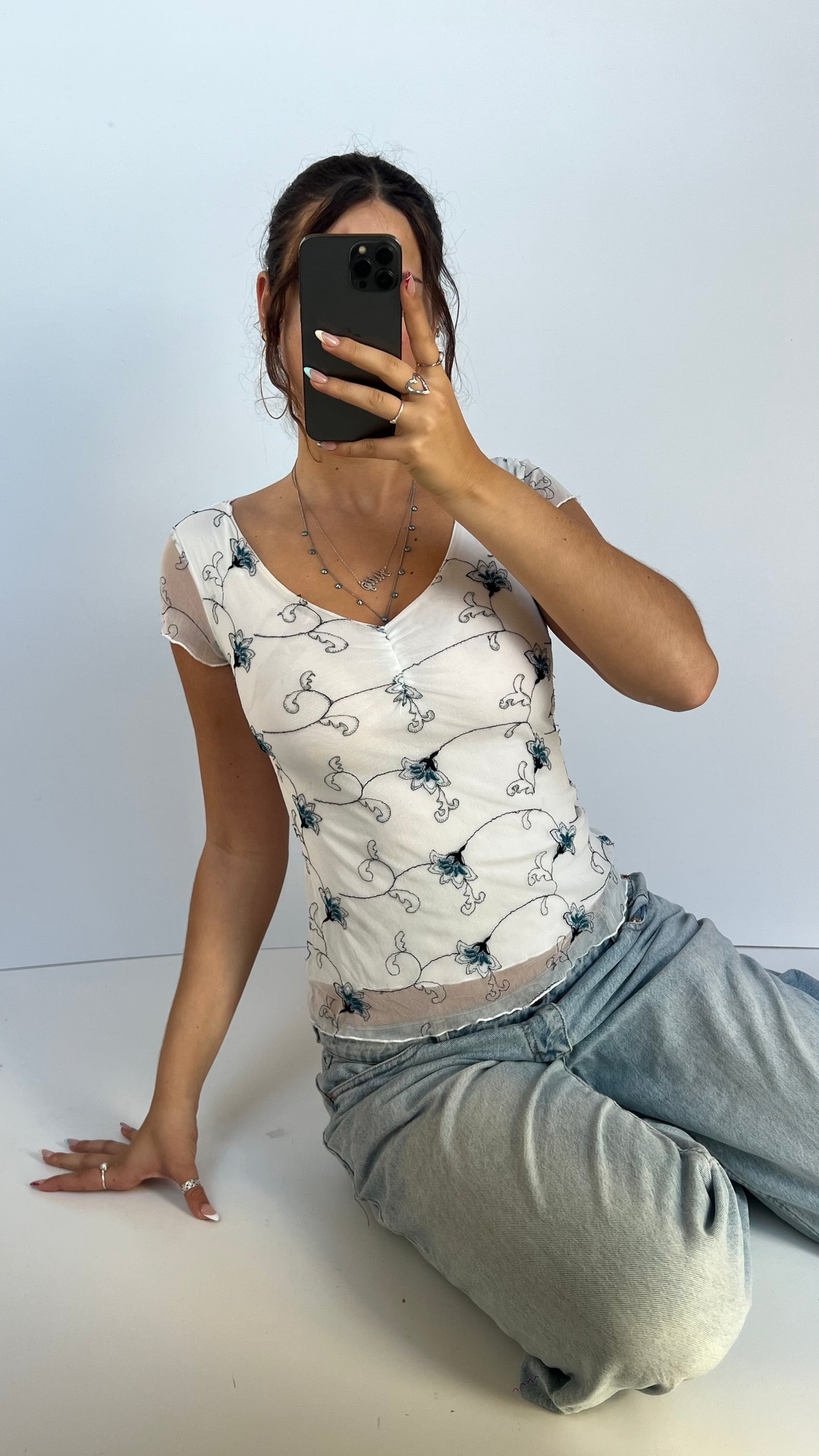 00s white floral top- size S