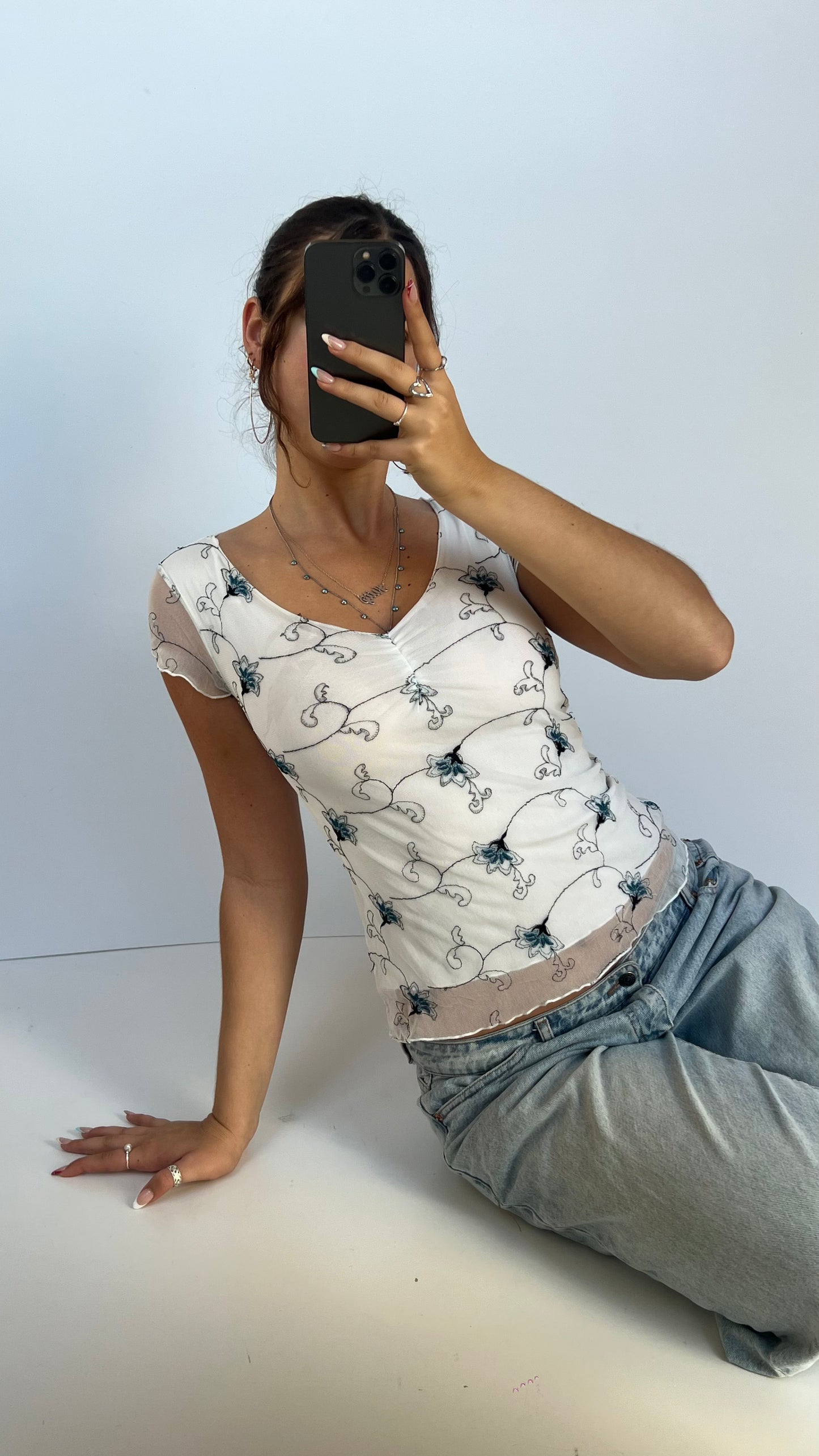 00s white floral top- size S