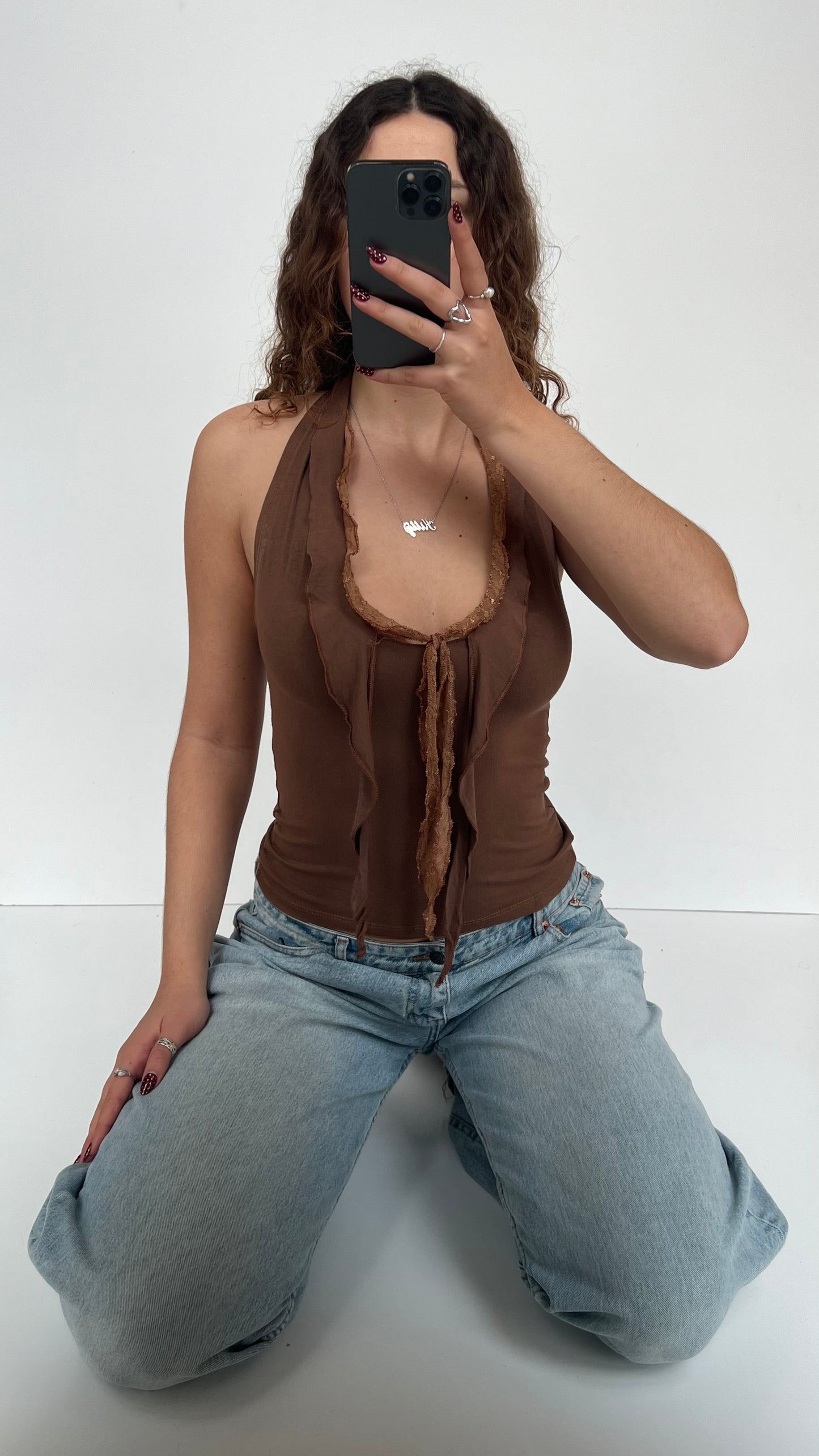 00s brown lace halter cami- size S