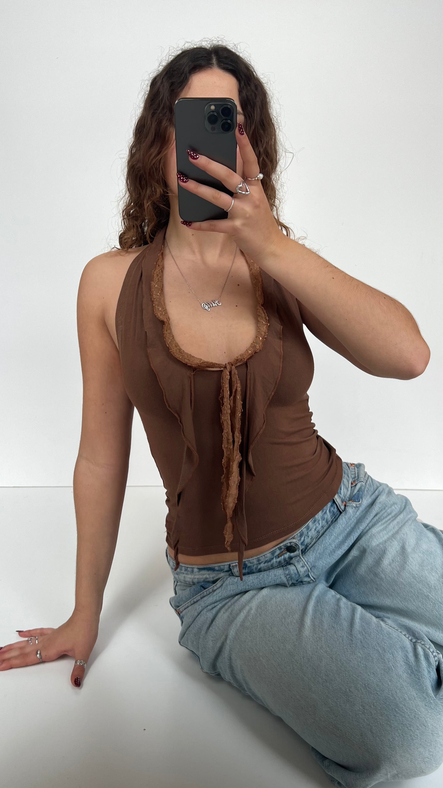 00s brown lace halter cami- size S
