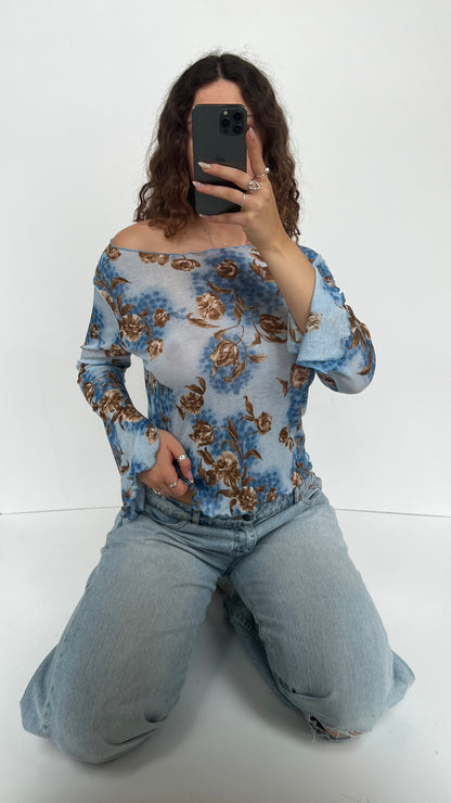 00s blue floral top- size L
