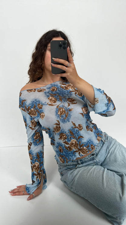 00s blue floral top- size L
