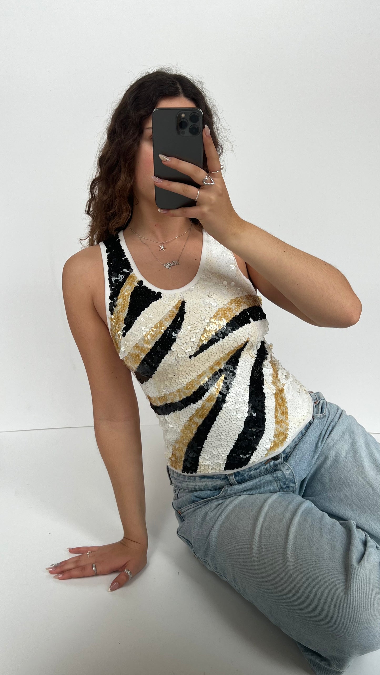 00s white sequin tank top- size S