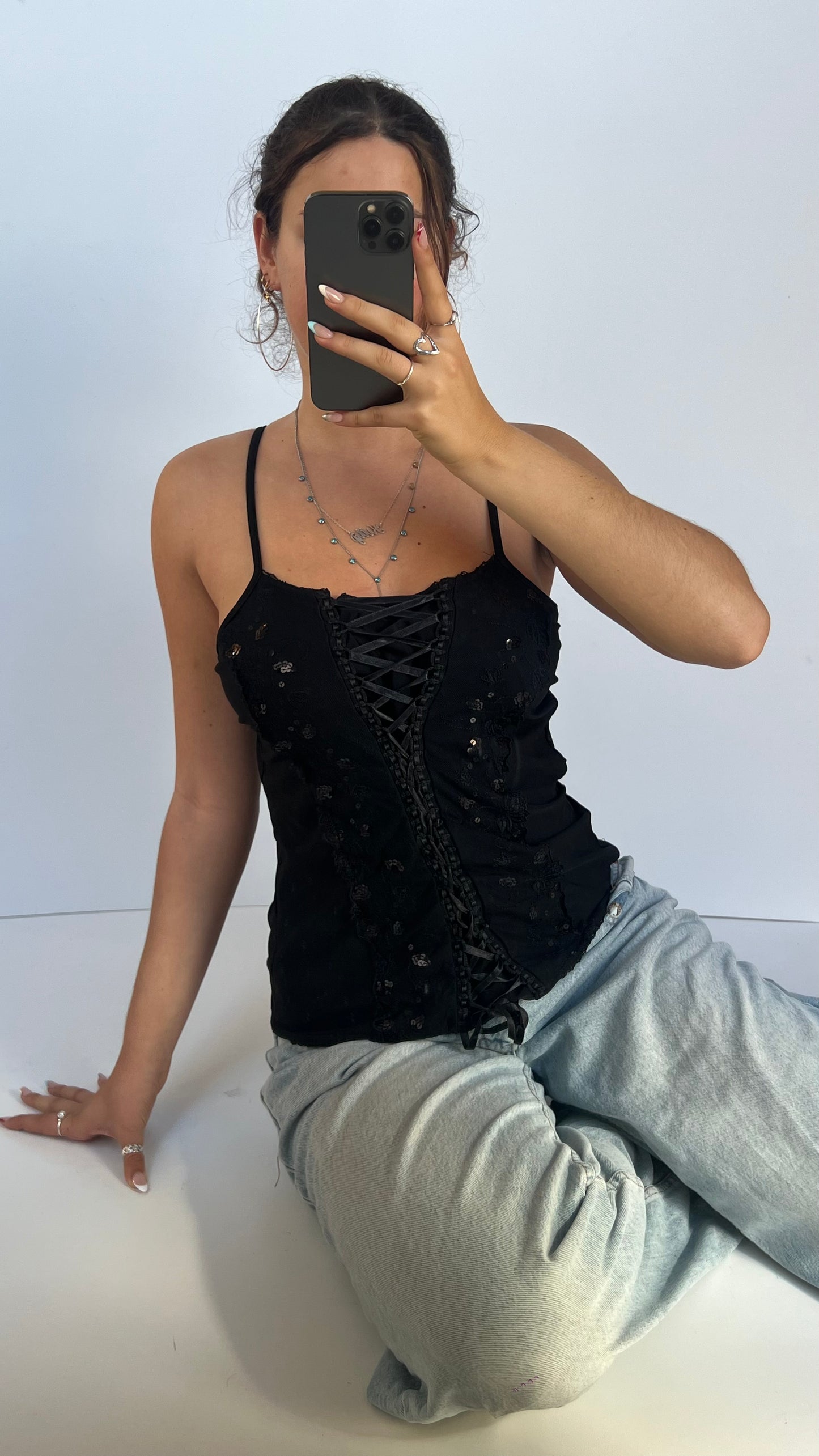 00s black lace sequin cami- size XL