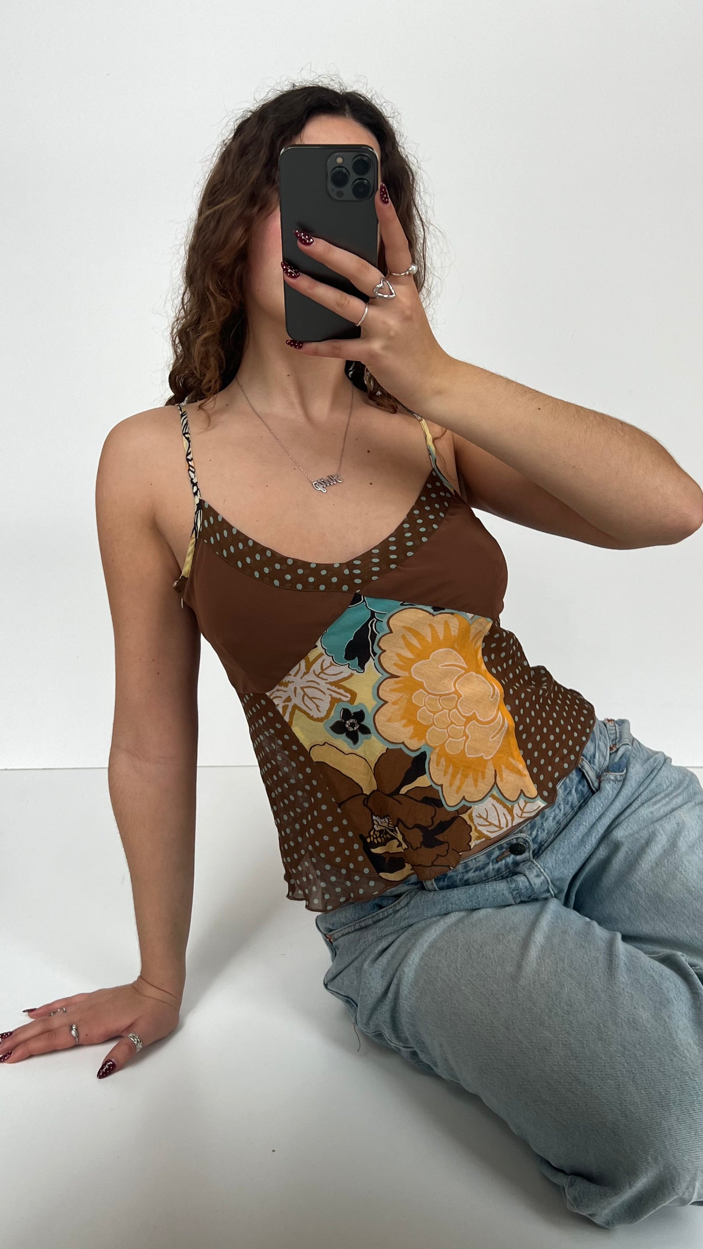 00s brown yellow polka dot cami- size S