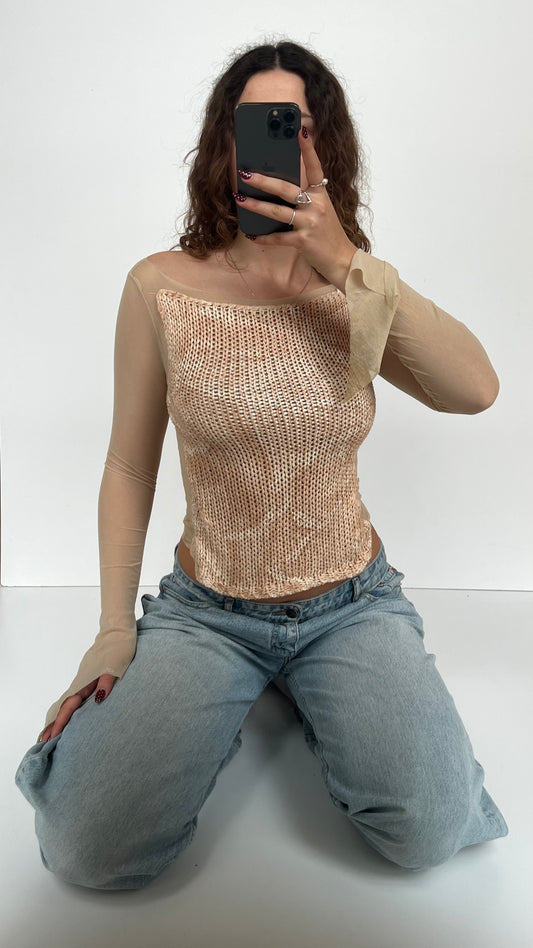 00s cream knit mesh top- size S