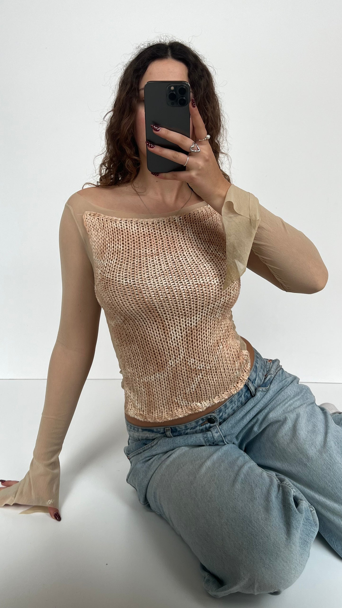 00s cream knit mesh top- size S