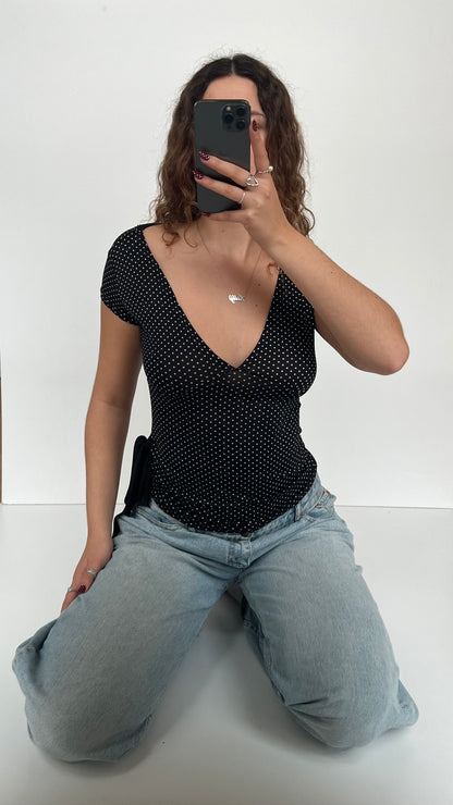 00s black polka dot top- size S