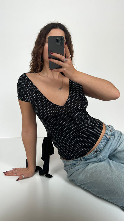 00s black polka dot top- size S