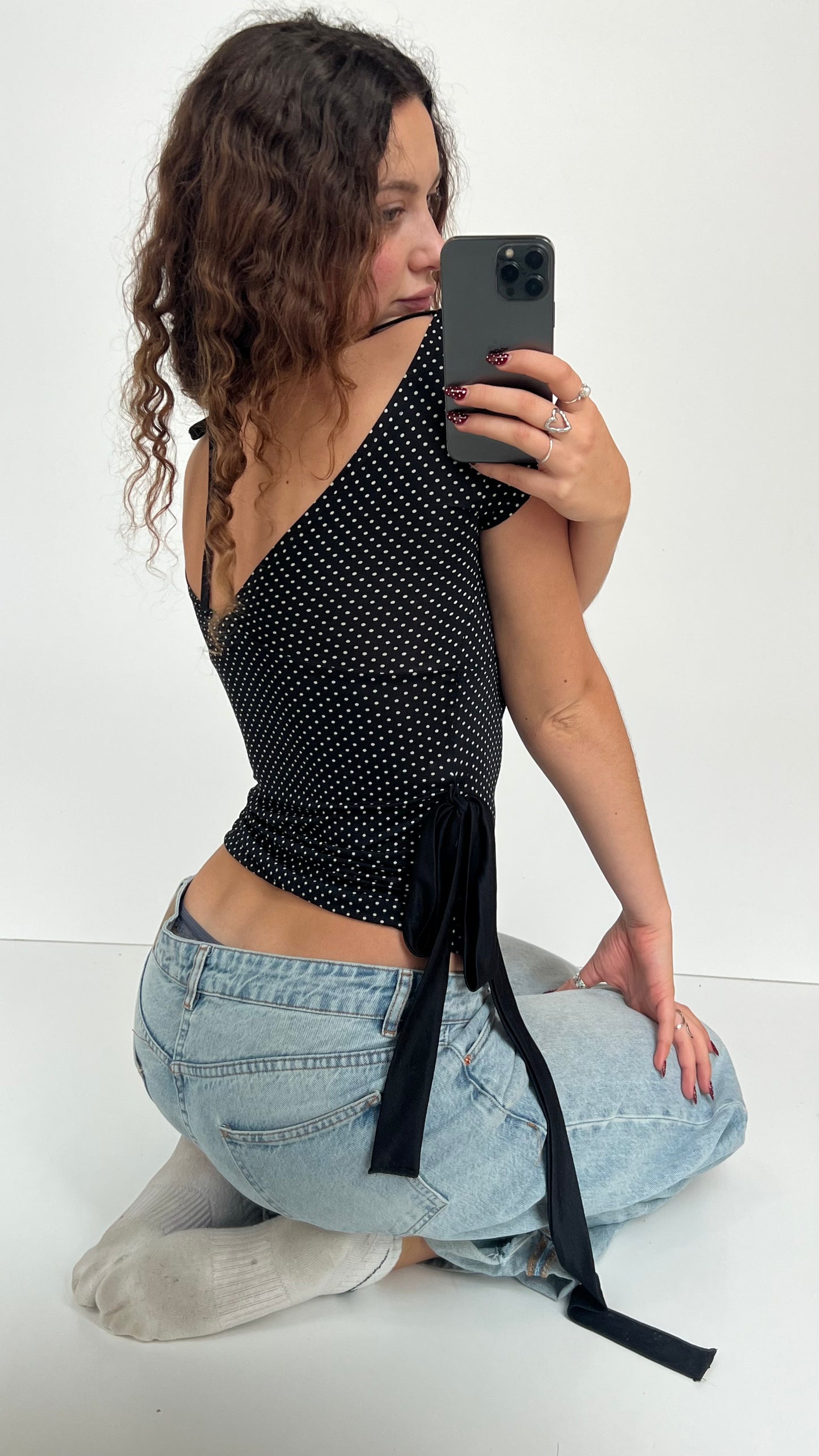 00s black polka dot top- size S