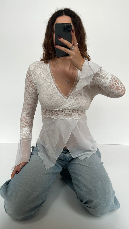 00s white mesh lace top- size S