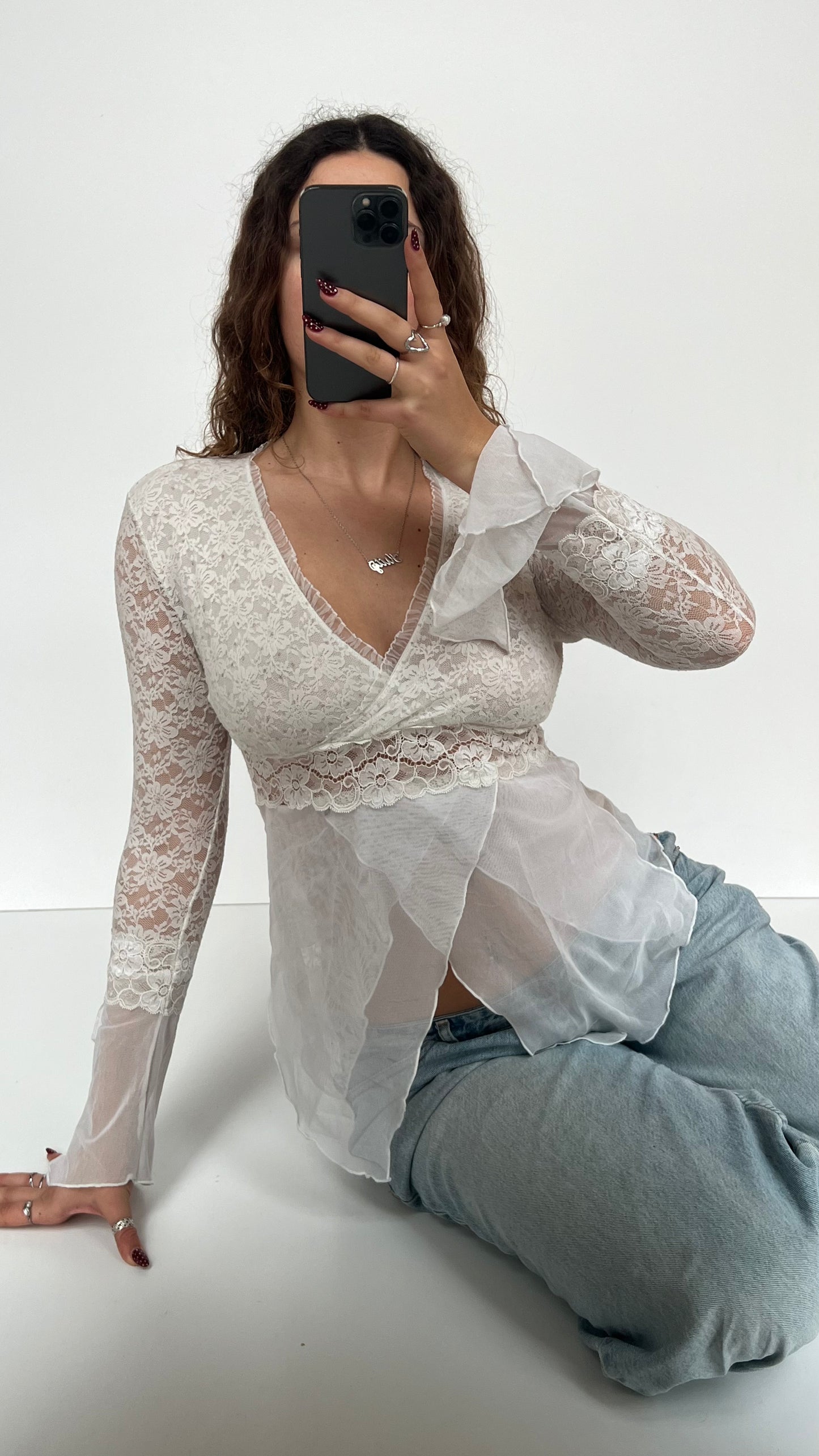 00s white mesh lace top- size S