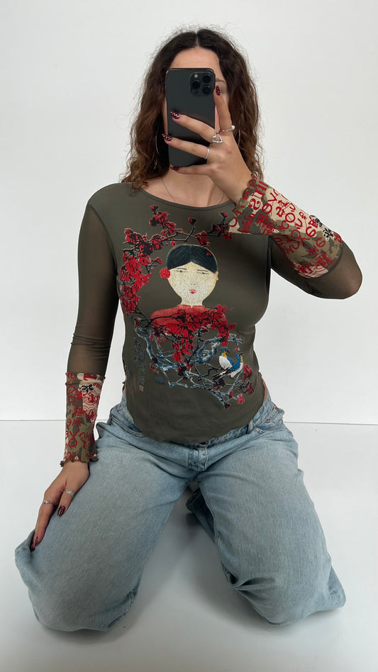 00s khaki mesh long sleeve top- size S