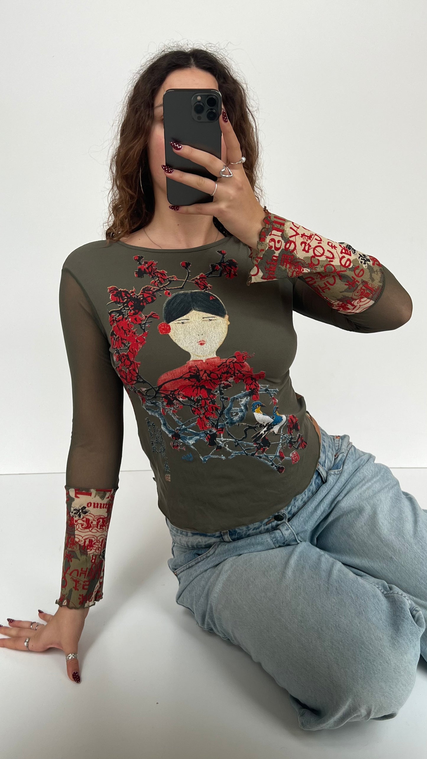 00s khaki mesh long sleeve top- size S