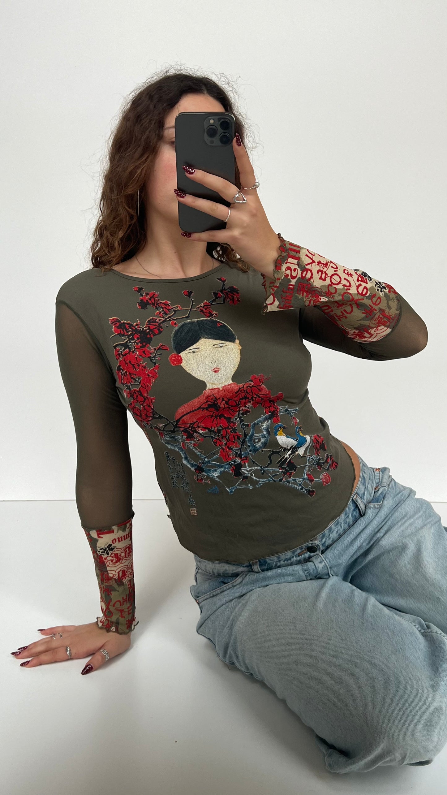 00s khaki mesh long sleeve top- size S