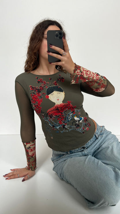00s khaki mesh long sleeve top- size S