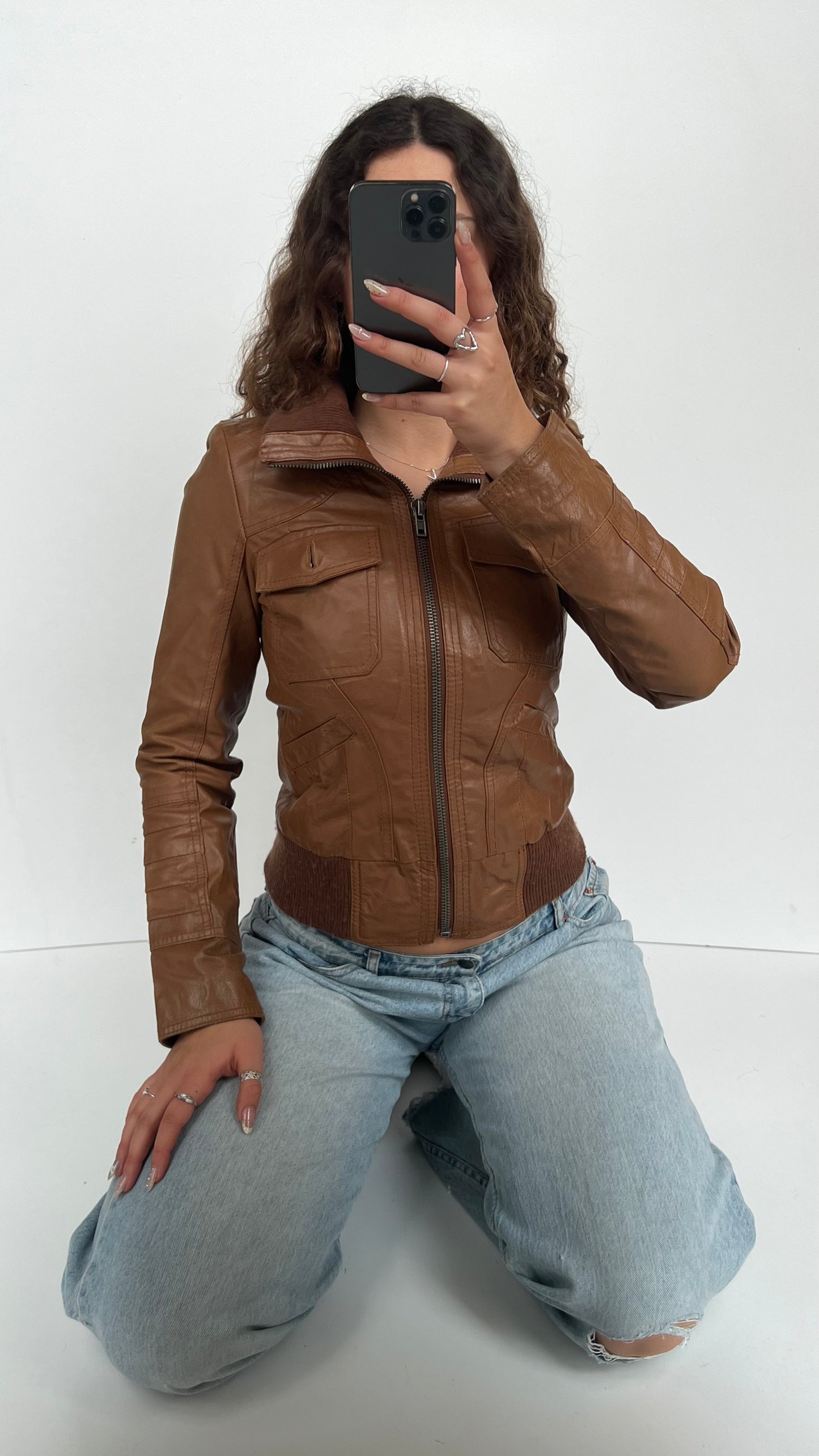 00s brown leather jacket- size S