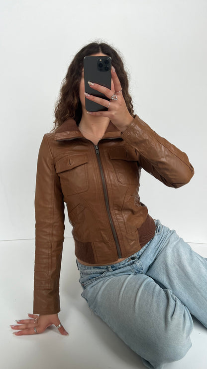 00s brown leather jacket- size S