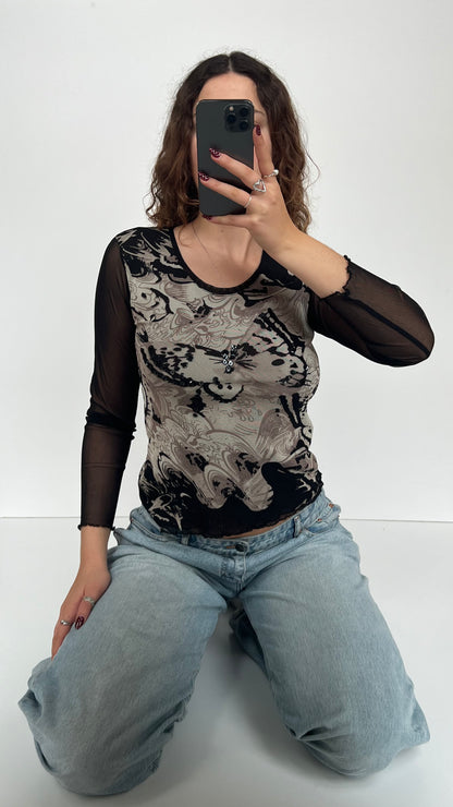 00s black butterfly mesh top- size S