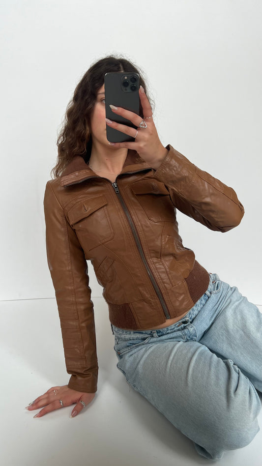 00s brown leather jacket- size S