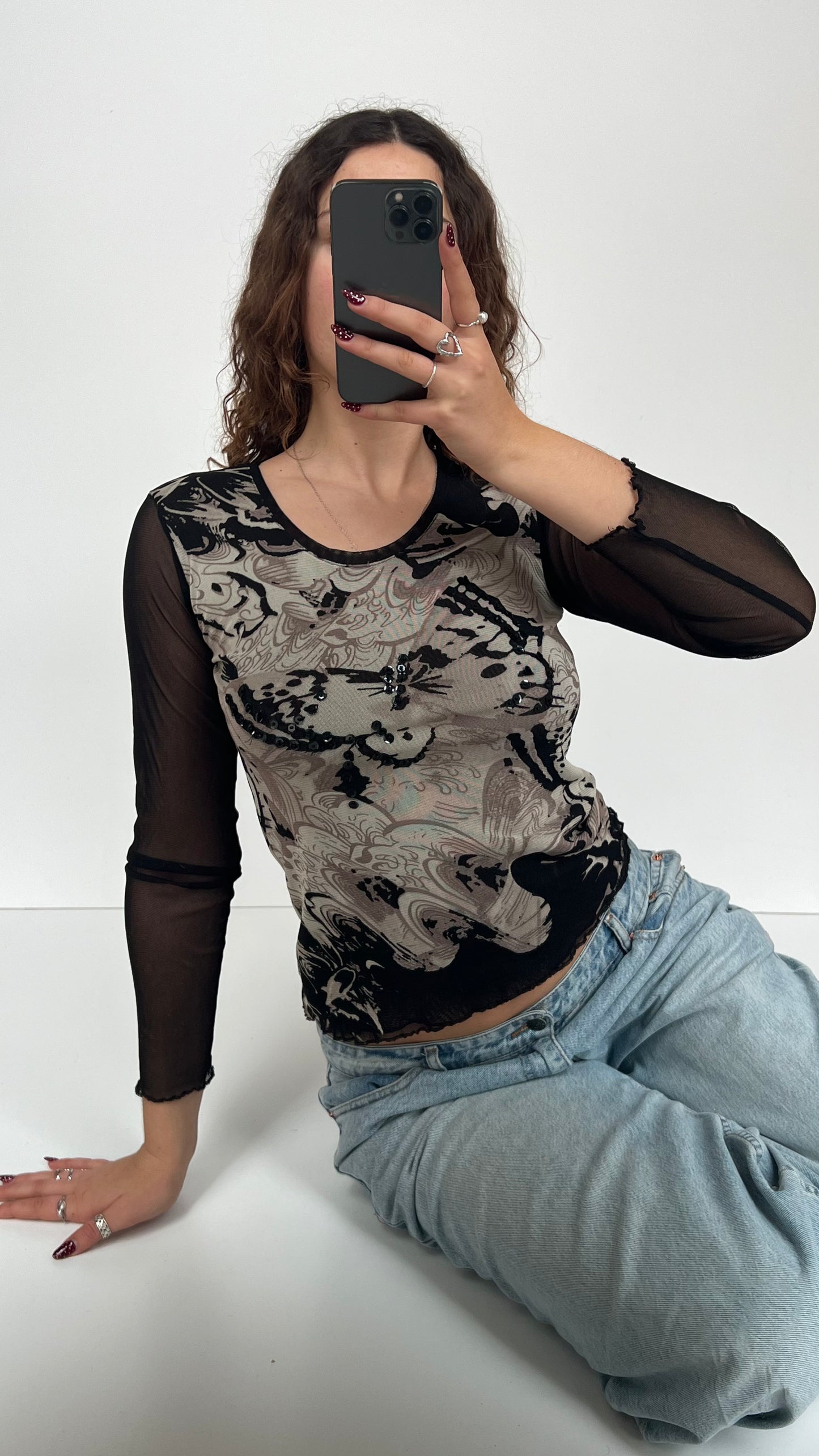 00s black butterfly mesh top- size S