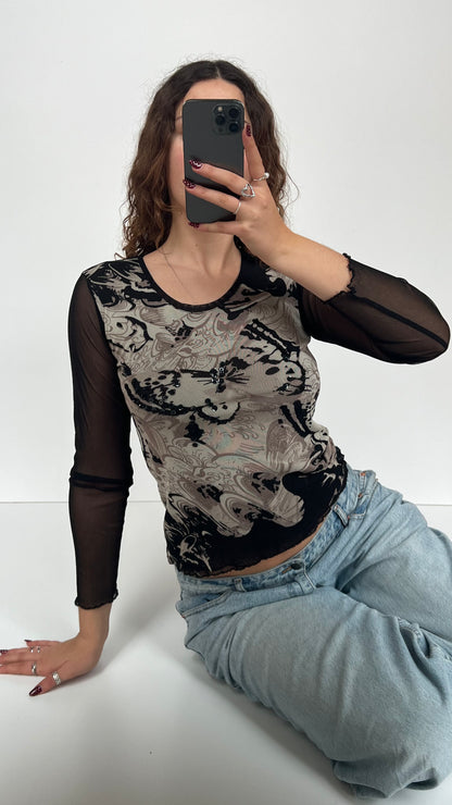 00s black butterfly mesh top- size S
