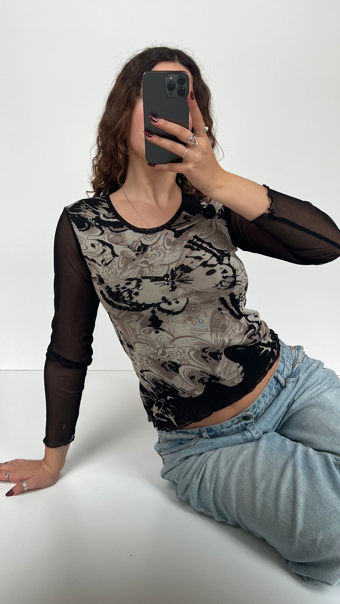 00s black butterfly mesh top- size S
