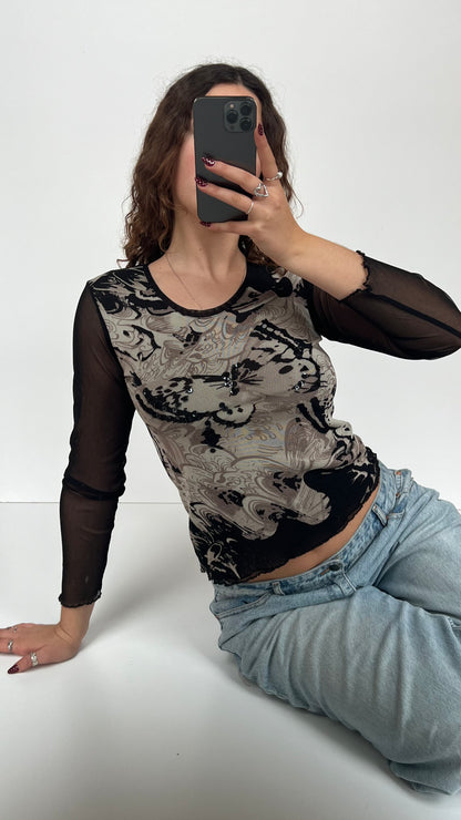00s black butterfly mesh top- size S