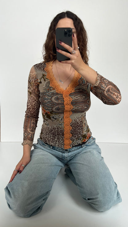 00s brown orange mesh top- size M