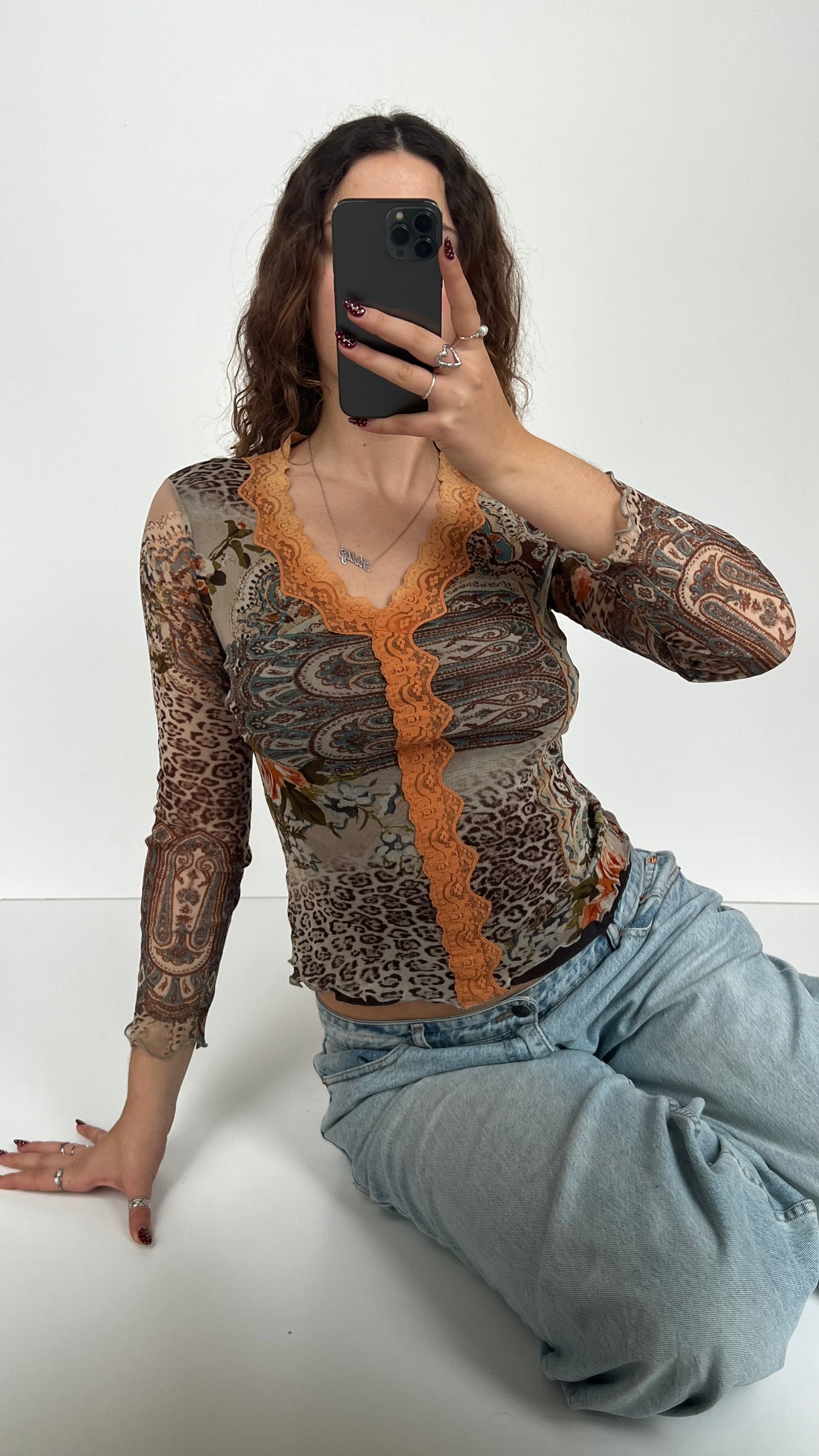 00s brown orange mesh top- size M