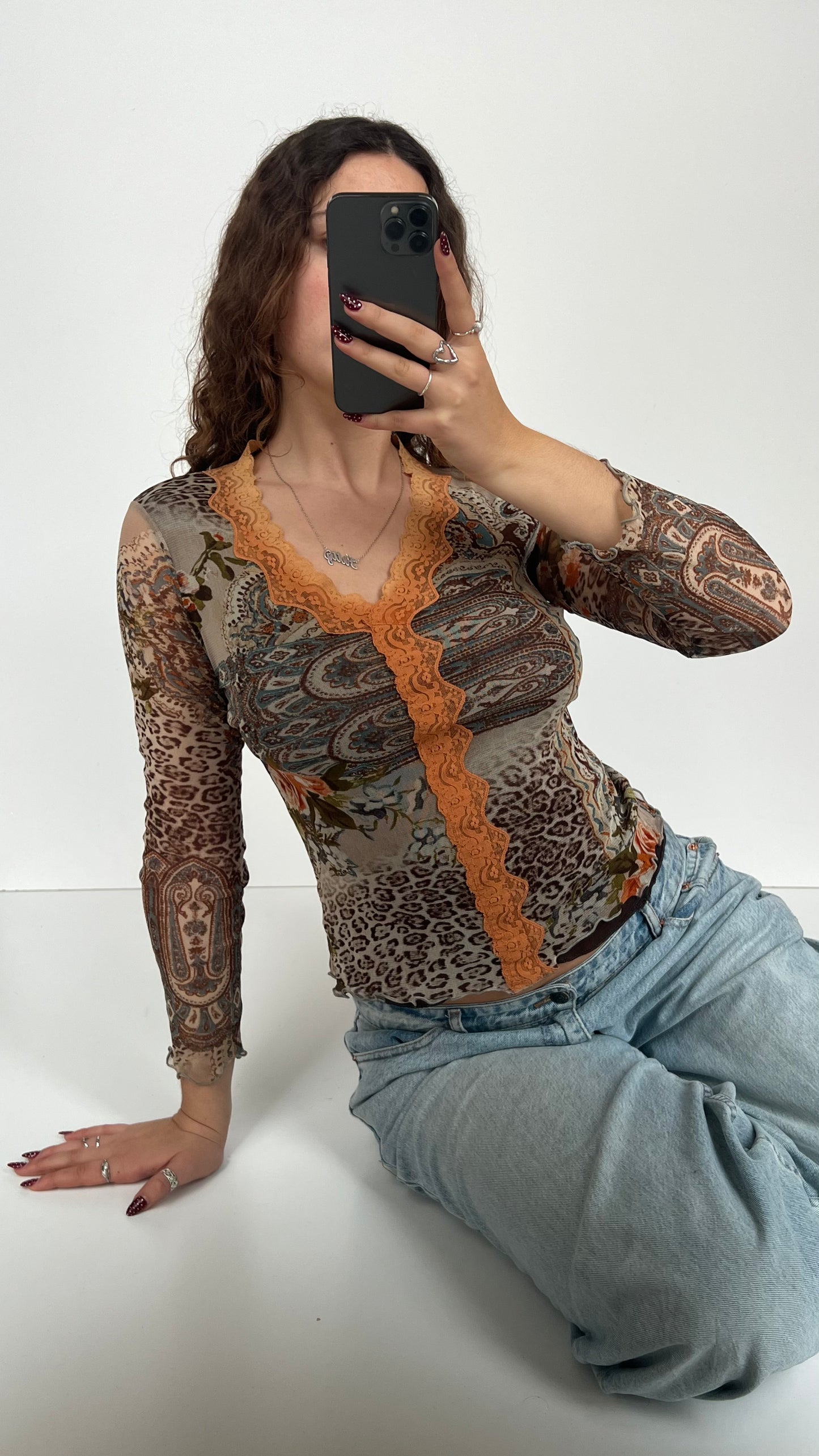 00s brown orange mesh top- size M