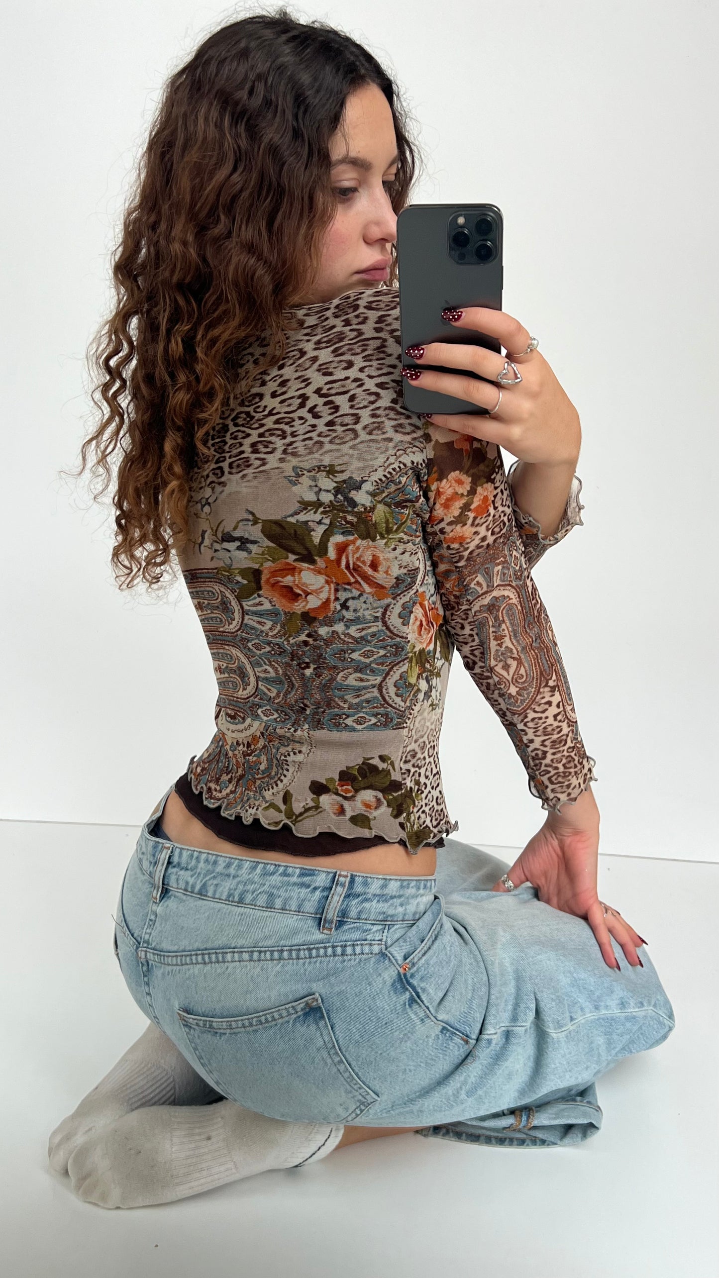 00s brown orange mesh top- size M