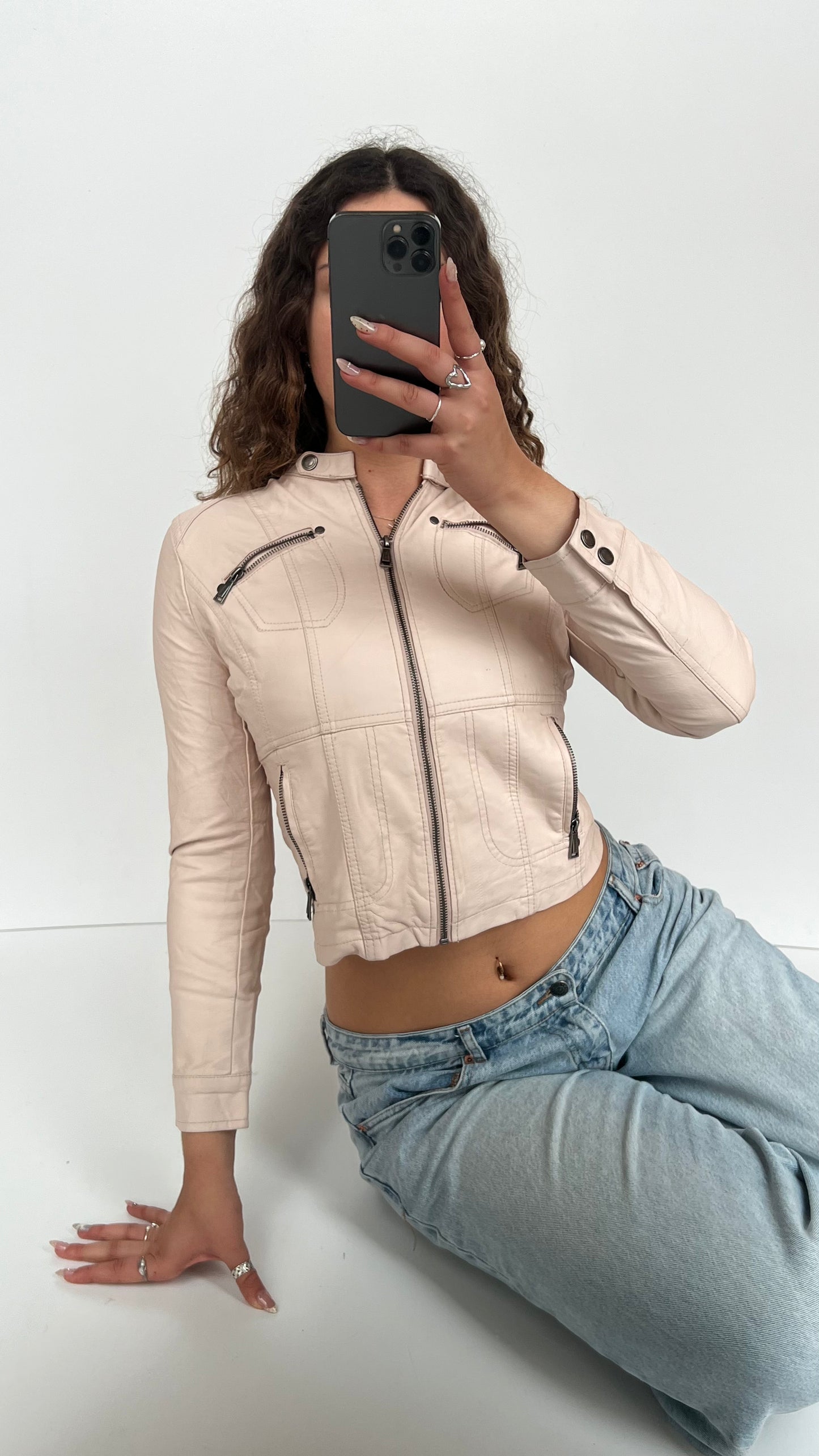 00s baby pink leather jacket- size XS