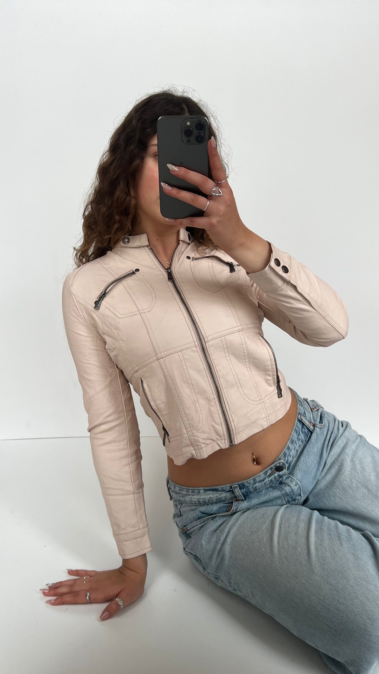 00s baby pink leather jacket- size XS