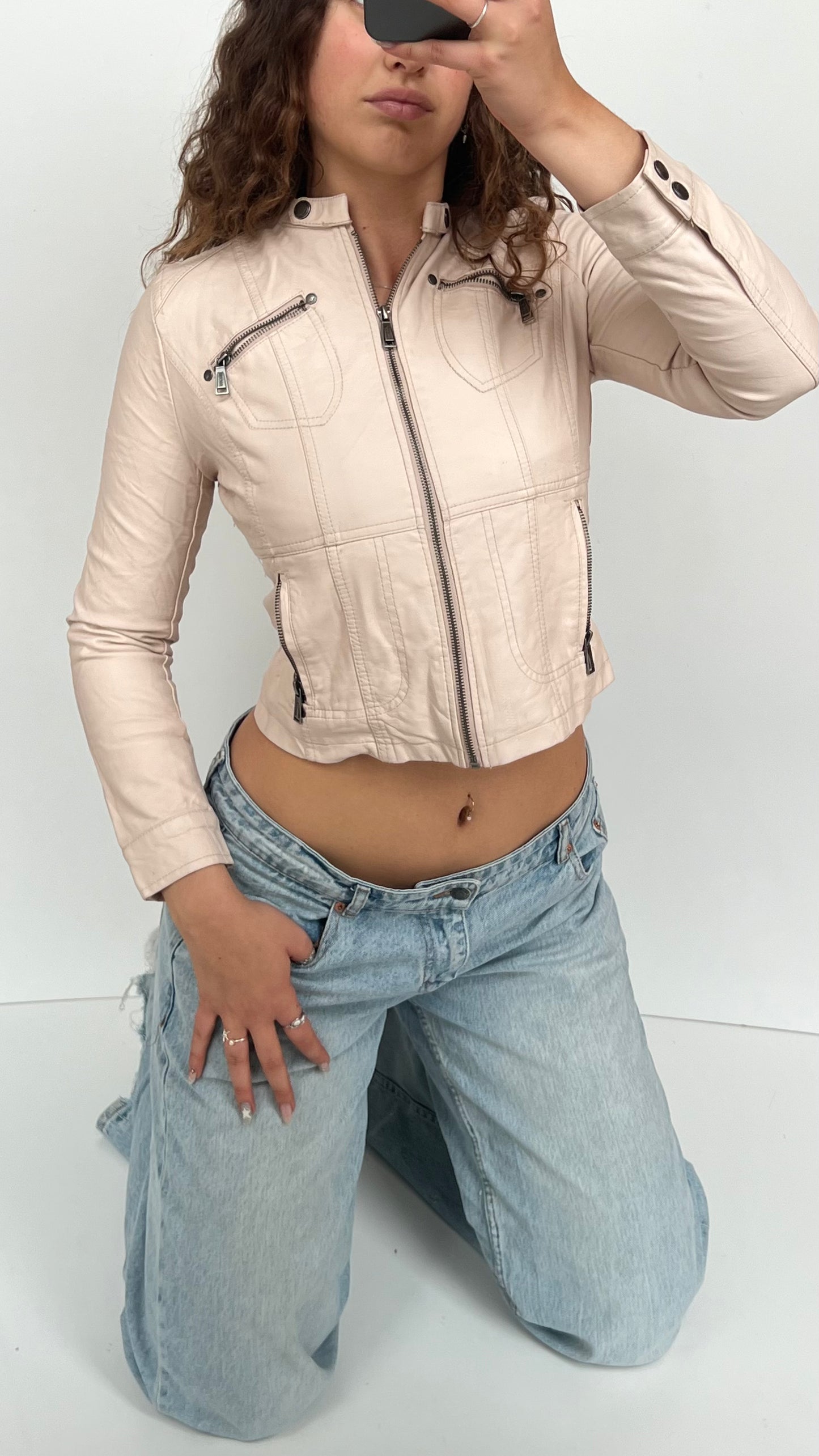 00s baby pink leather jacket- size XS