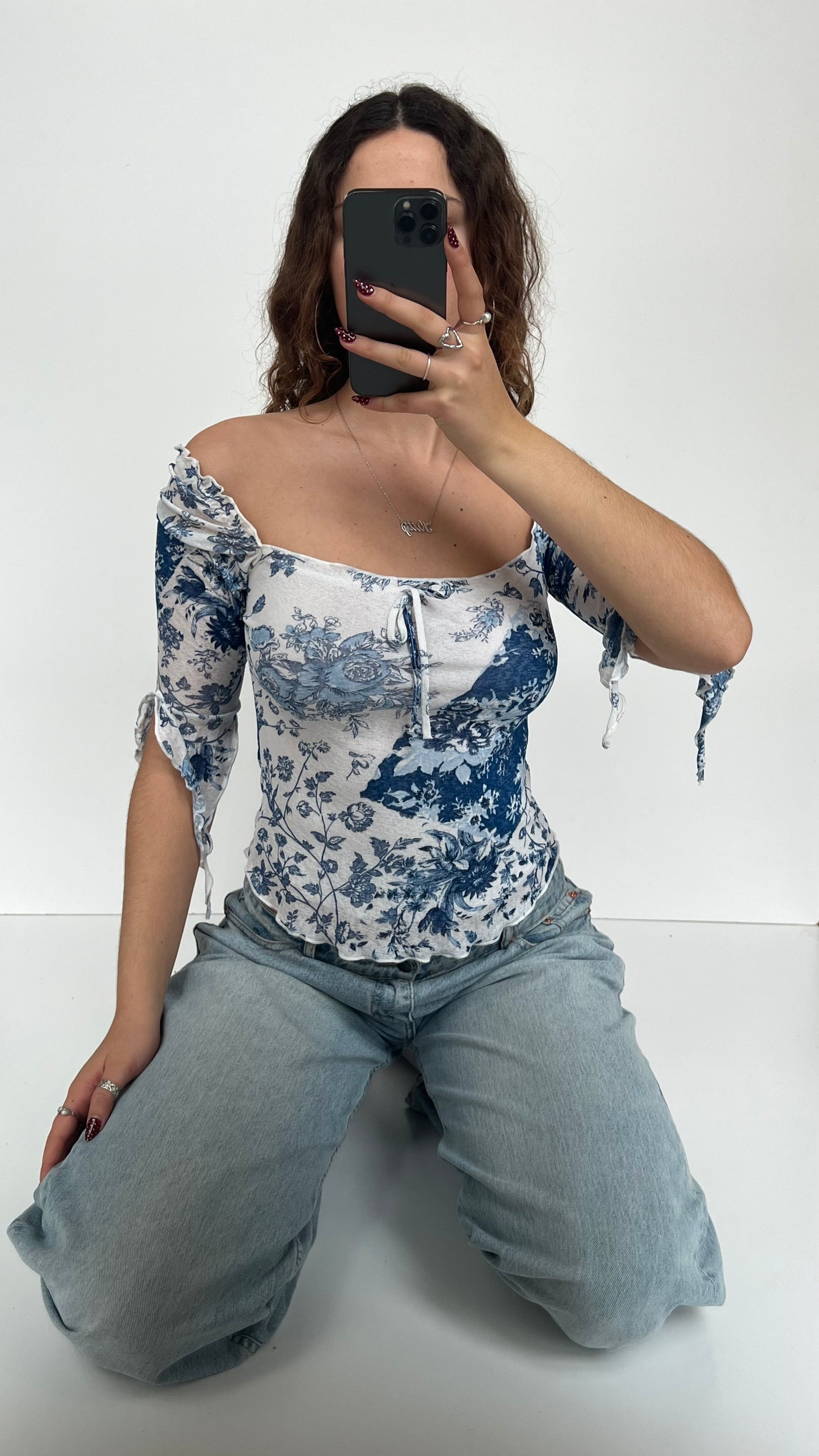 00s blue floral off the shoulder top- size S