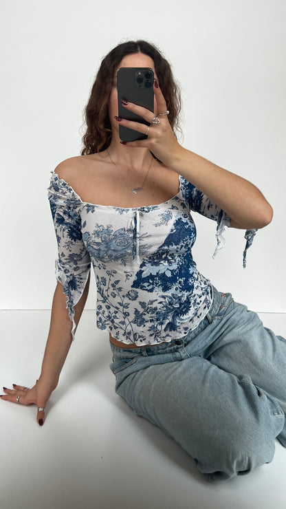 00s blue floral off the shoulder top- size S
