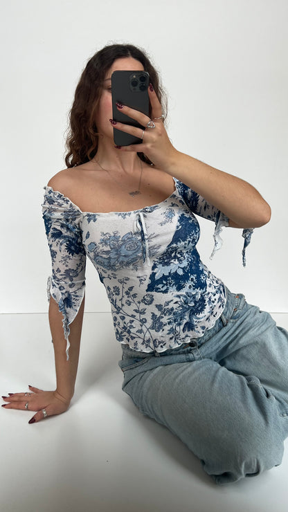 00s blue floral off the shoulder top- size S